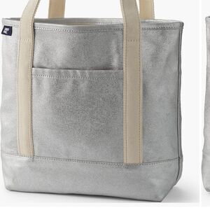 Land's End Faux leather canvas tote 5 pocket silver cream Embroidered Leola